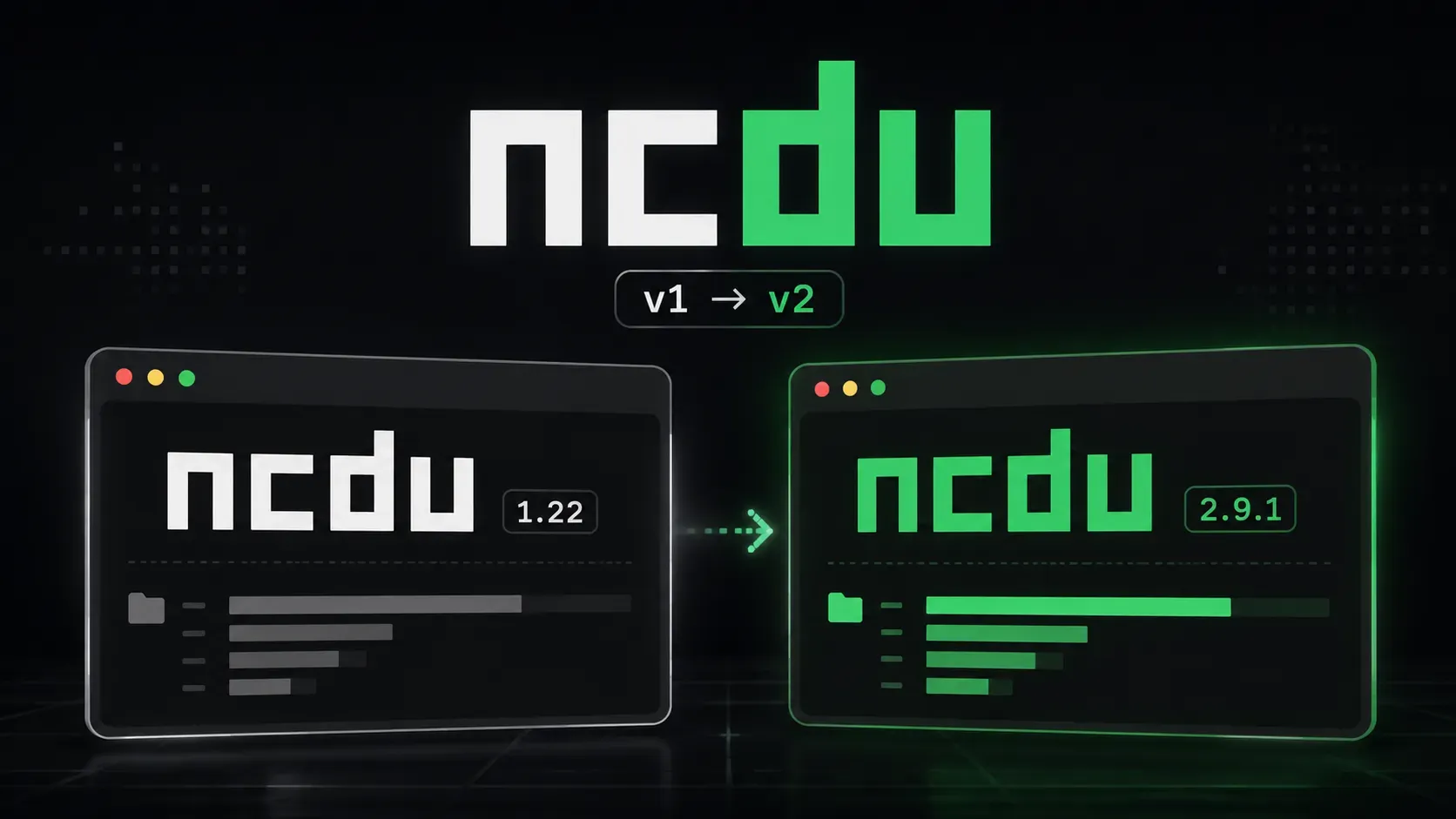 Comparaison de ncdu 1.x et ncdu 2.x pour analyser un disque Linux plein