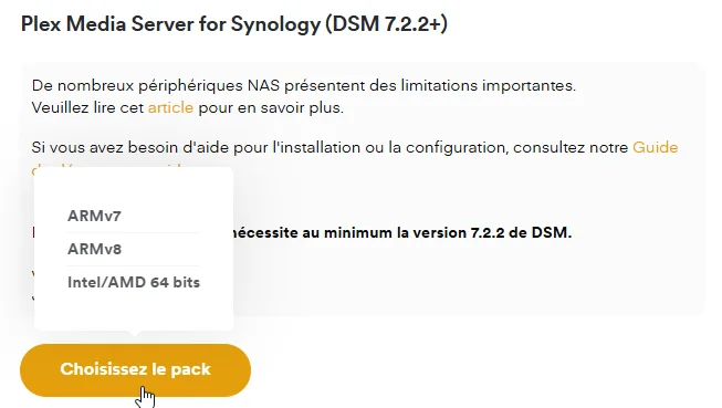 Téléchargement du paquet Plex Media Server pour Synology DSM