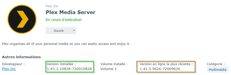Différence de version Plex Media Server dans le Centre de paquets Synology