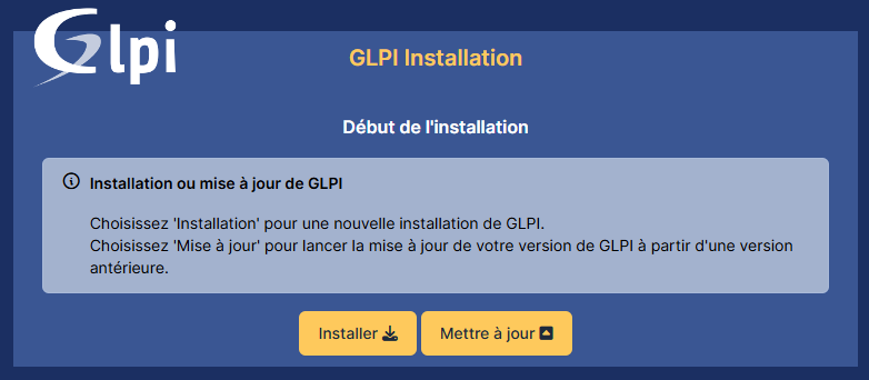 Écran GLPI 11 pour choisir entre installation et mise à jour